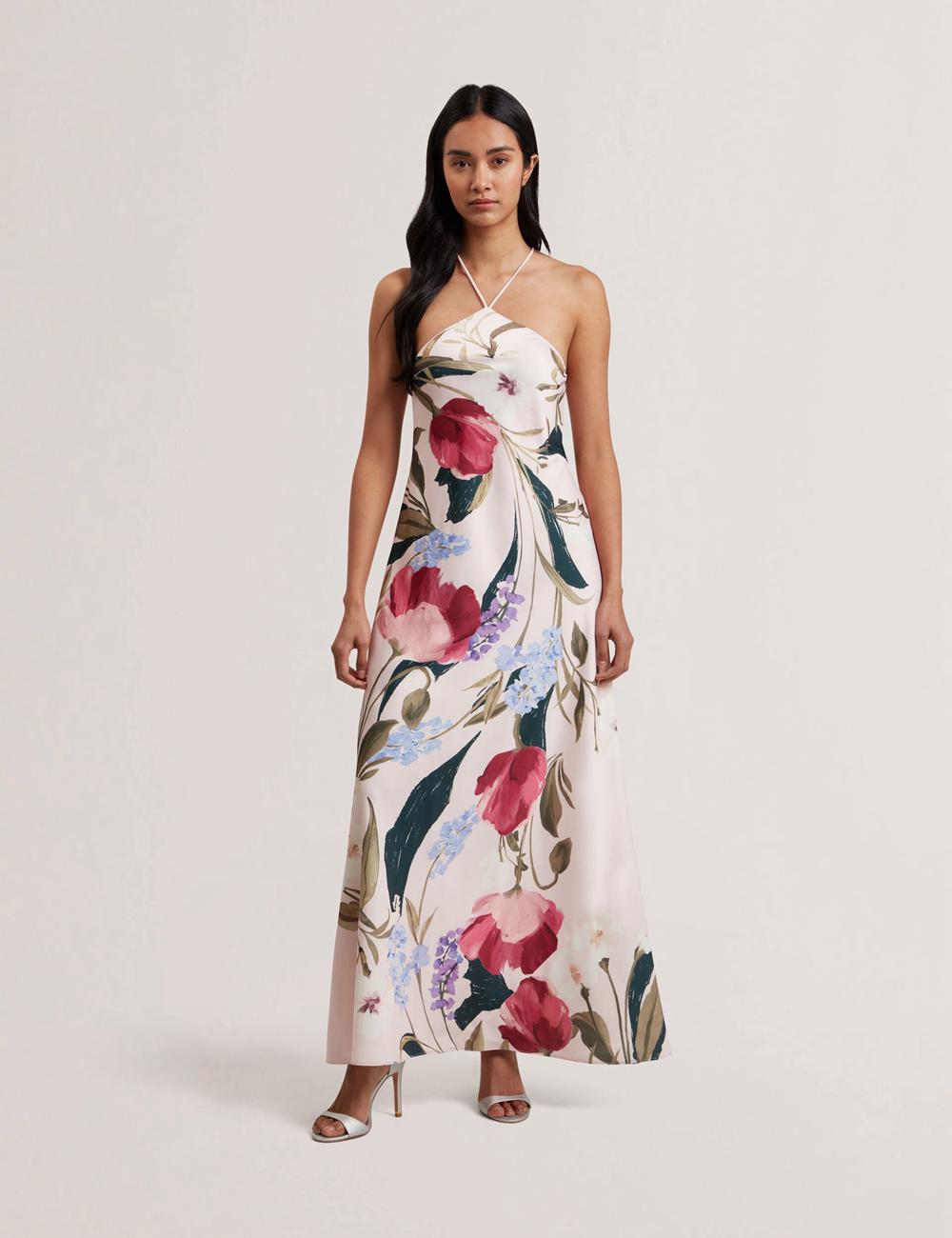 Robe Maxi Ted Baker ALMARIA - Floral Halter Neck Woven Femme Rose | Paris  67108-ZBPY