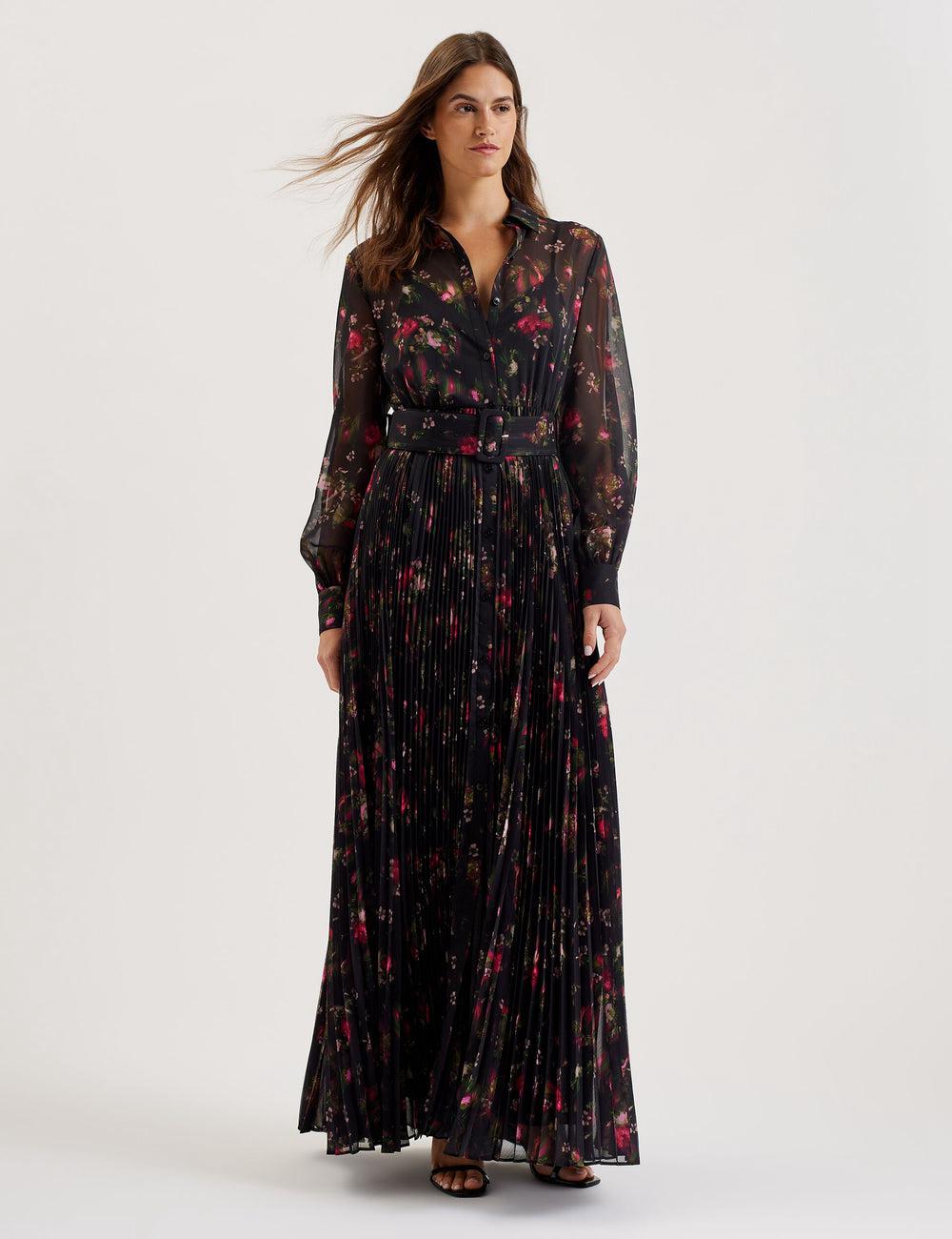 Robe Maxi Ted Baker CEIBA - Floral Print Pleated Maxi Shirt Femme Noir | Paris  82391-LKGW