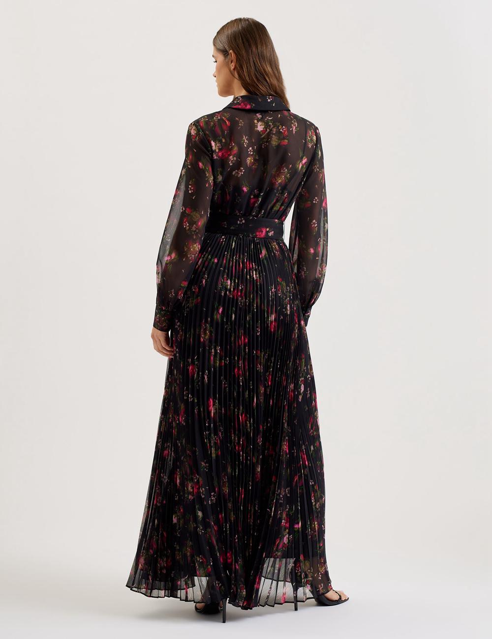 Robe Maxi Ted Baker CEIBA - Floral Print Pleated Maxi Shirt Femme Noir | Paris  82391-LKGW