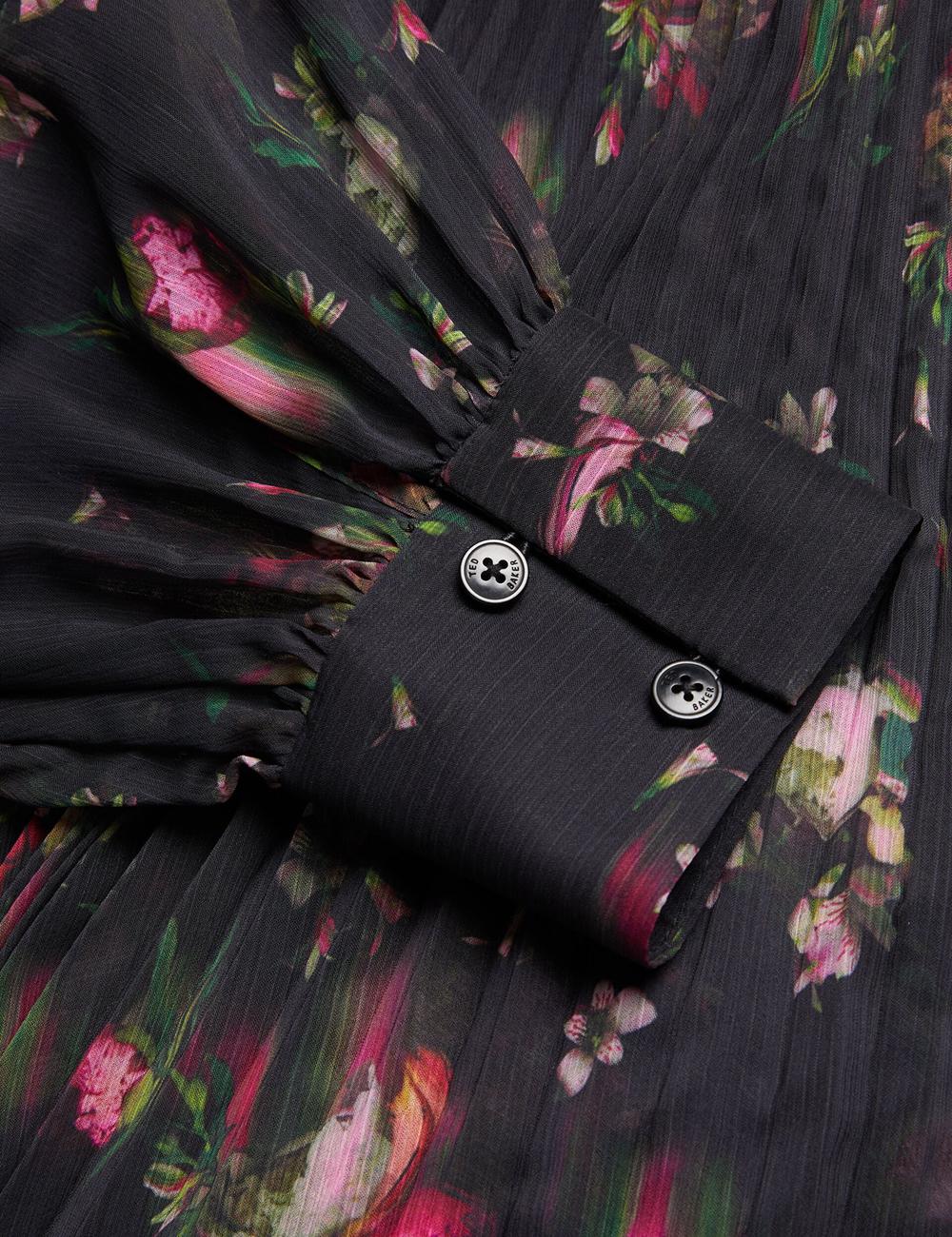 Robe Maxi Ted Baker CEIBA - Floral Print Pleated Maxi Shirt Femme Noir | Paris  82391-LKGW