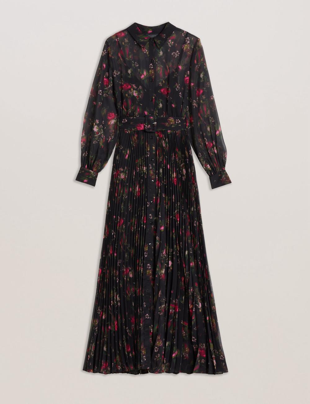 Robe Maxi Ted Baker CEIBA - Floral Print Pleated Maxi Shirt Femme Noir | Paris  82391-LKGW