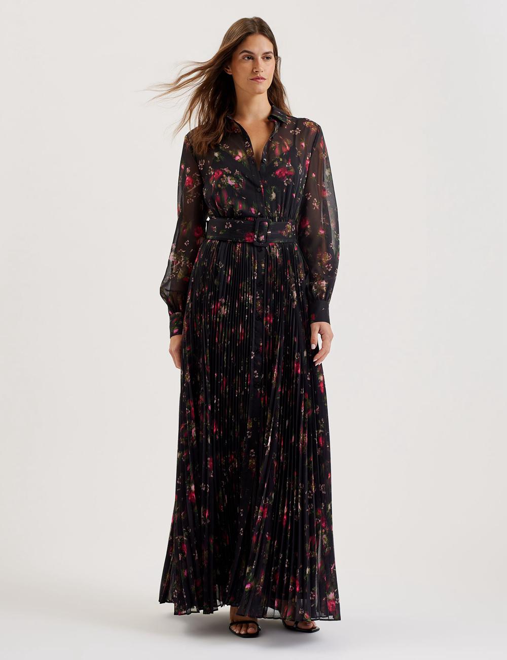 Robe Maxi Ted Baker CEIBA - Floral Print Pleated Maxi Shirt Femme Noir | Paris  82391-LKGW