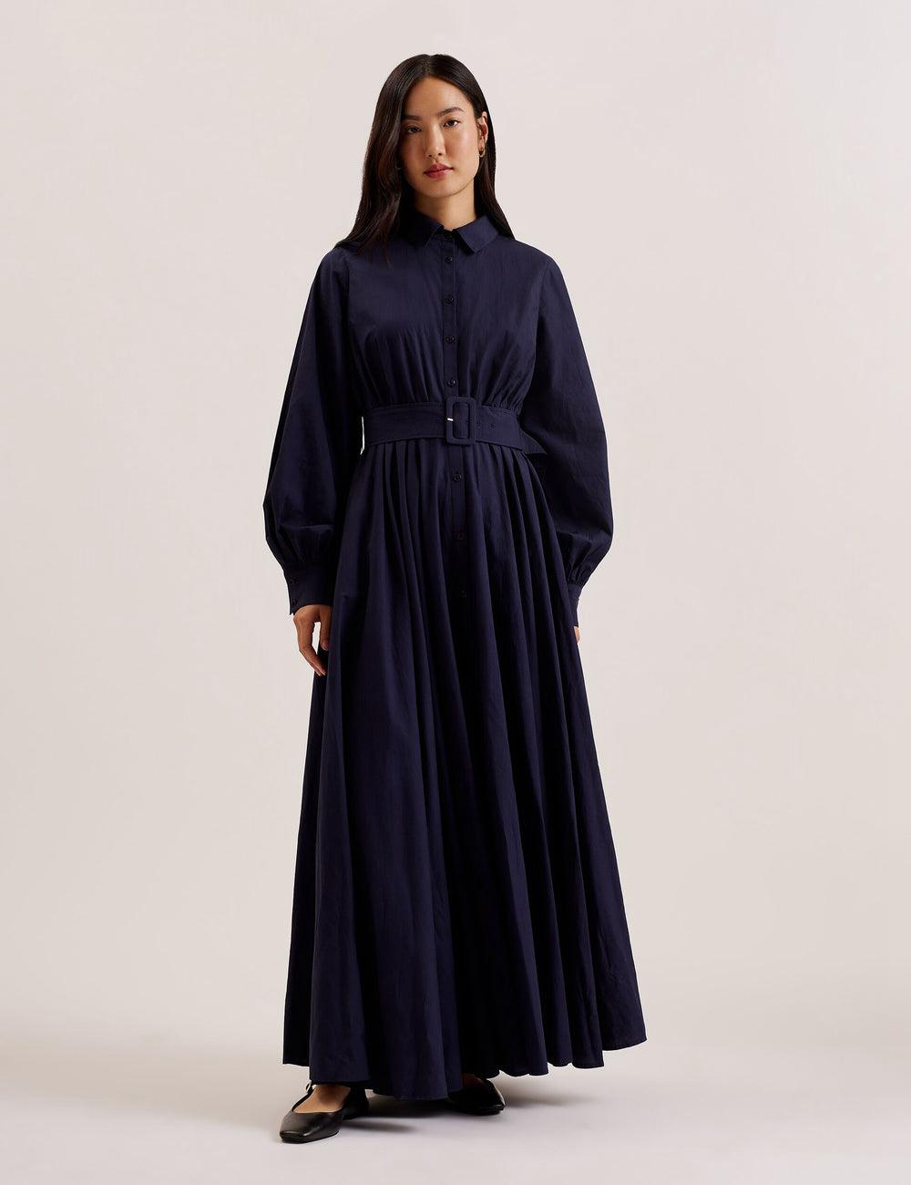 Robe Maxi Ted Baker ENE - Cotton Maxi Shirt Dress With Belt Femme Bleu Marine | Paris  20698-WBRV