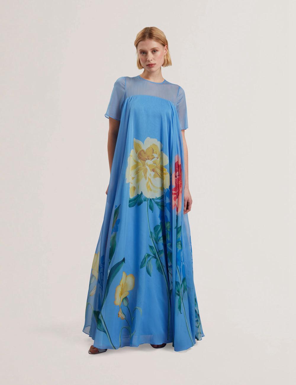 Robe Maxi Ted Baker MALRIE - Sheer Neck Floral Trapeze Femme Bleu | Paris  30187-KUGD