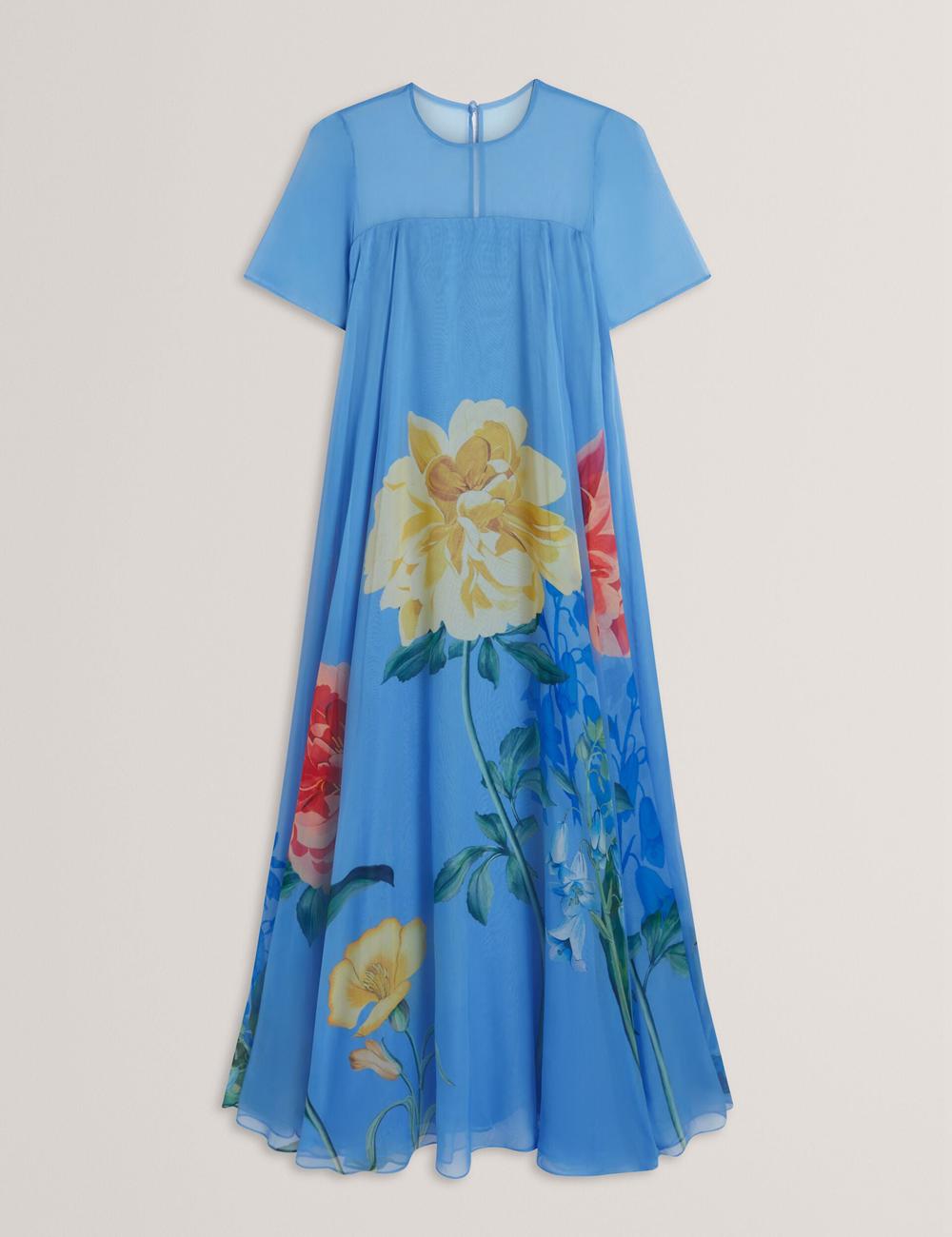 Robe Maxi Ted Baker MALRIE - Sheer Neck Floral Trapeze Femme Bleu | Paris  30187-KUGD