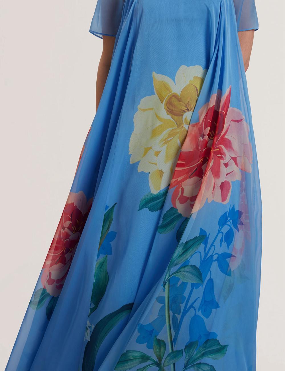 Robe Maxi Ted Baker MALRIE - Sheer Neck Floral Trapeze Femme Bleu | Paris  30187-KUGD