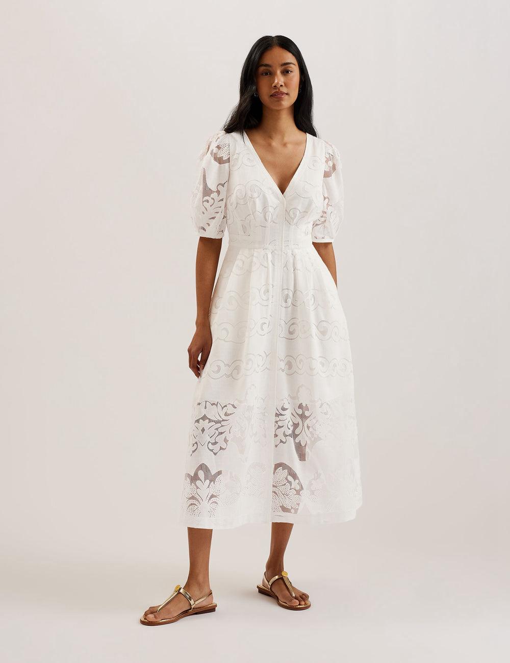 Robe Mi-longue Ted Baker AGNEL - Lace Puff Sleeve Cotton Blend Femme Blanche | Paris  78169-BZAS