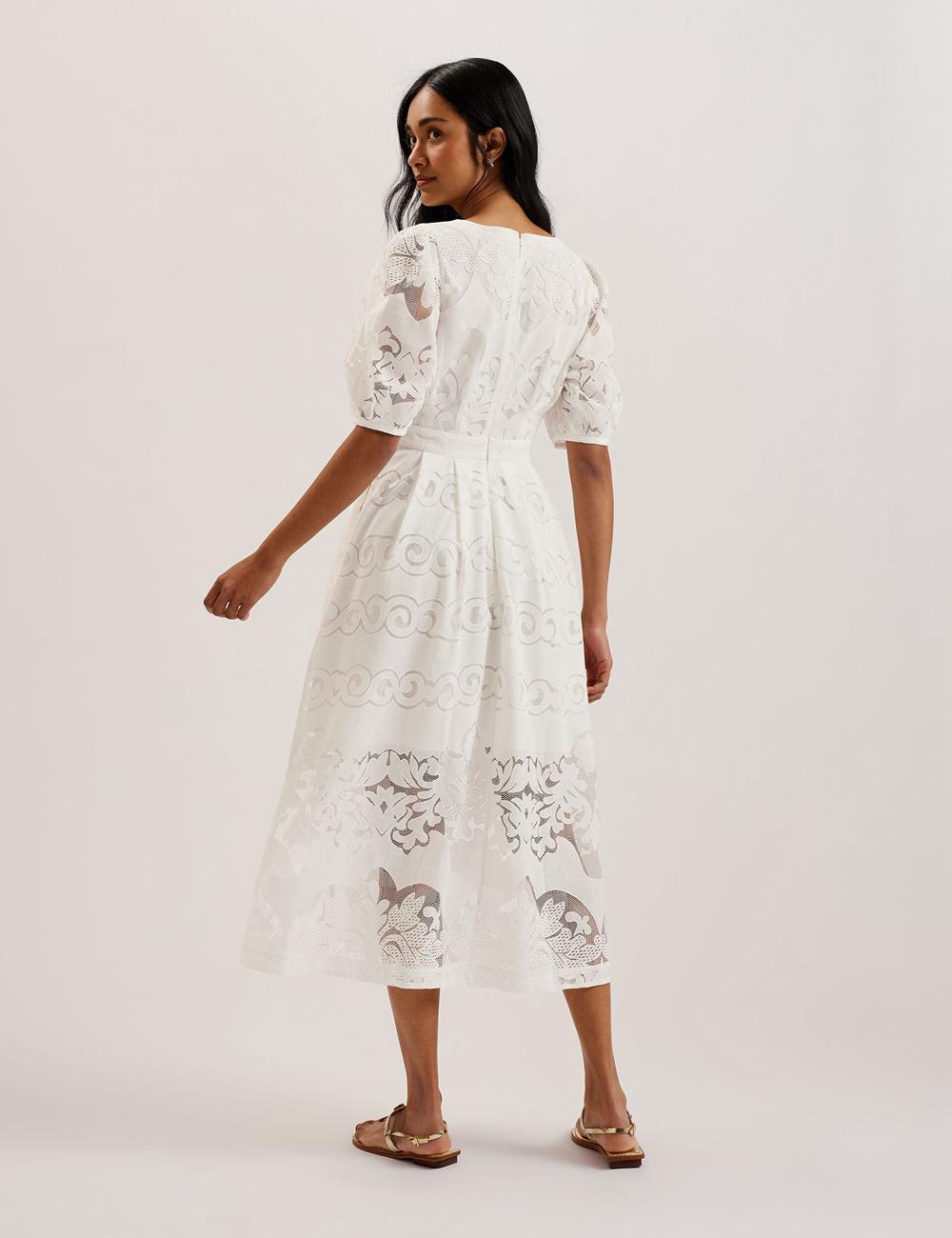 Robe Mi-longue Ted Baker AGNEL - Lace Puff Sleeve Cotton Blend Femme Blanche | Paris  78169-BZAS