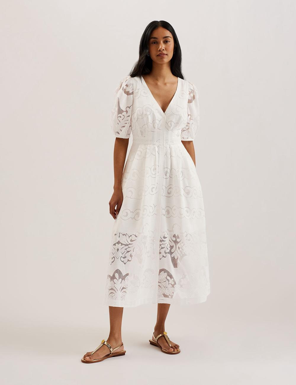 Robe Mi-longue Ted Baker AGNEL - Lace Puff Sleeve Cotton Blend Femme Blanche | Paris  78169-BZAS