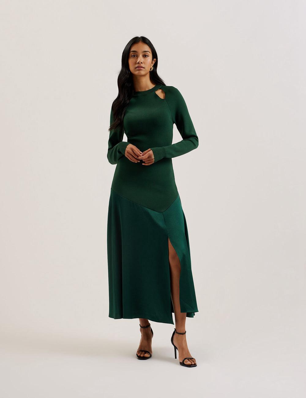 Robe Mi-longue Ted Baker ALFEIOS - Long Sleeve Satin Skirt Femme Vert | Paris  74521-ZFVE