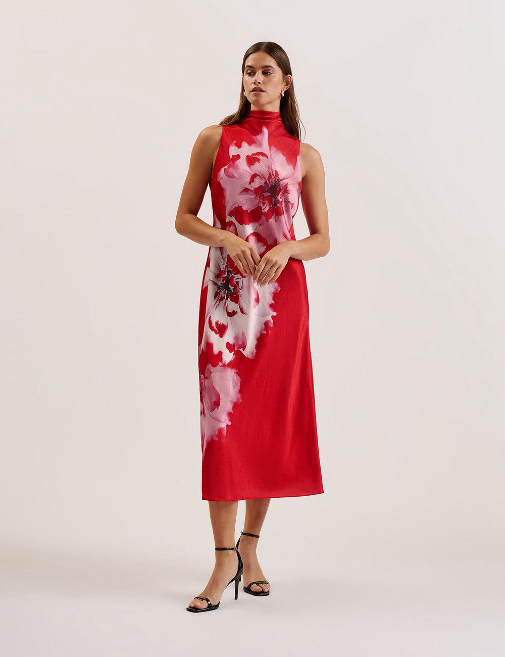 Robe Mi-longue Ted Baker ALIARA - Floral Satin High Neck Sleeveless Femme Rouge | Paris  48790-ZCAN