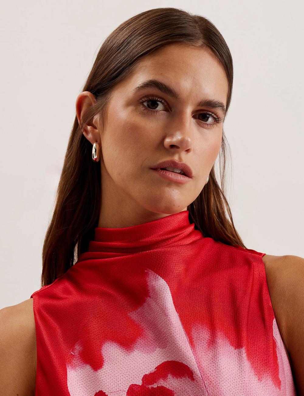Robe Mi-longue Ted Baker ALIARA - Floral Satin High Neck Sleeveless Femme Rouge | Paris  48790-ZCAN