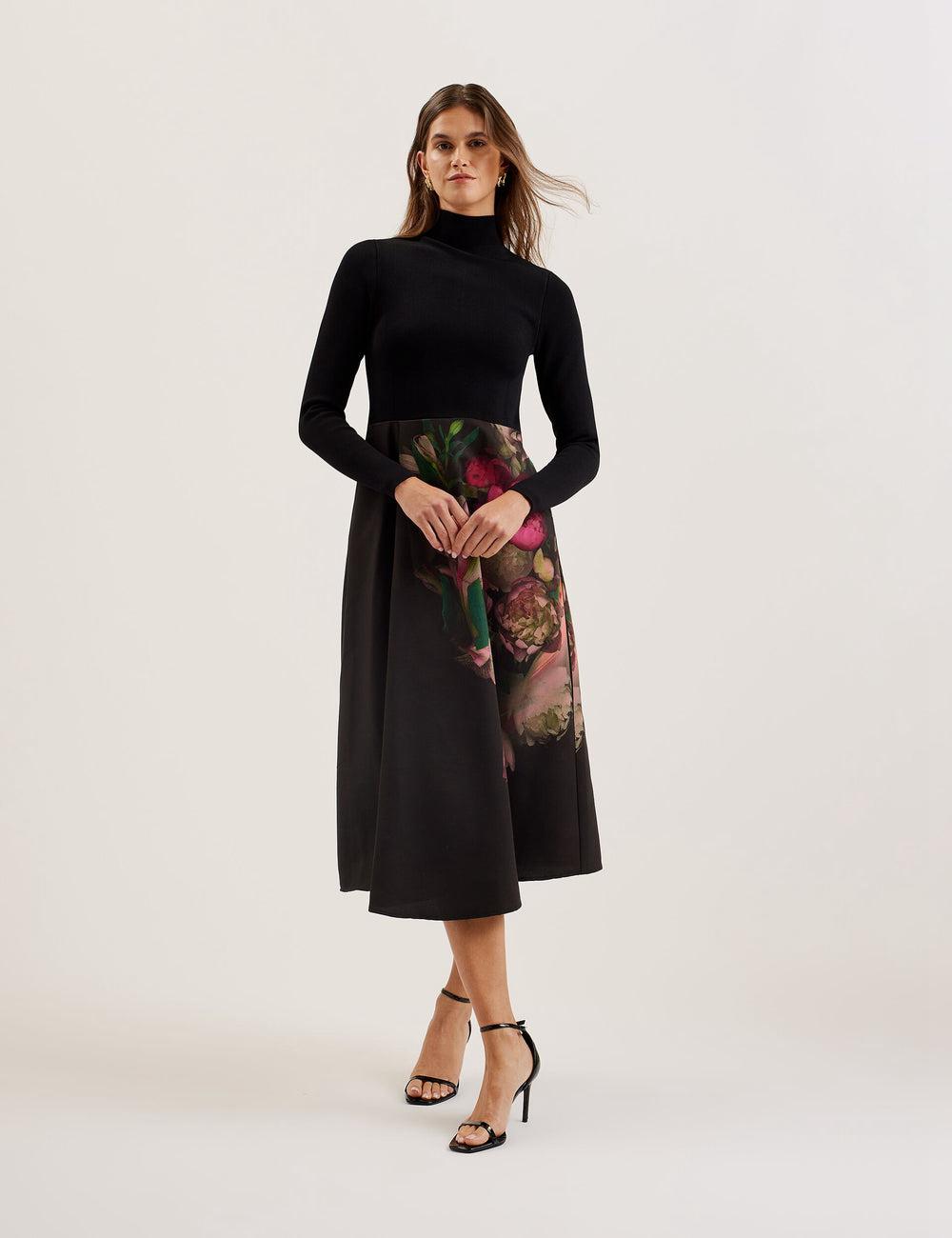 Robe Mi-longue Ted Baker ASNES - Knit Bodice With Printed Skirt Femme Noir | Paris  81592-JBVN