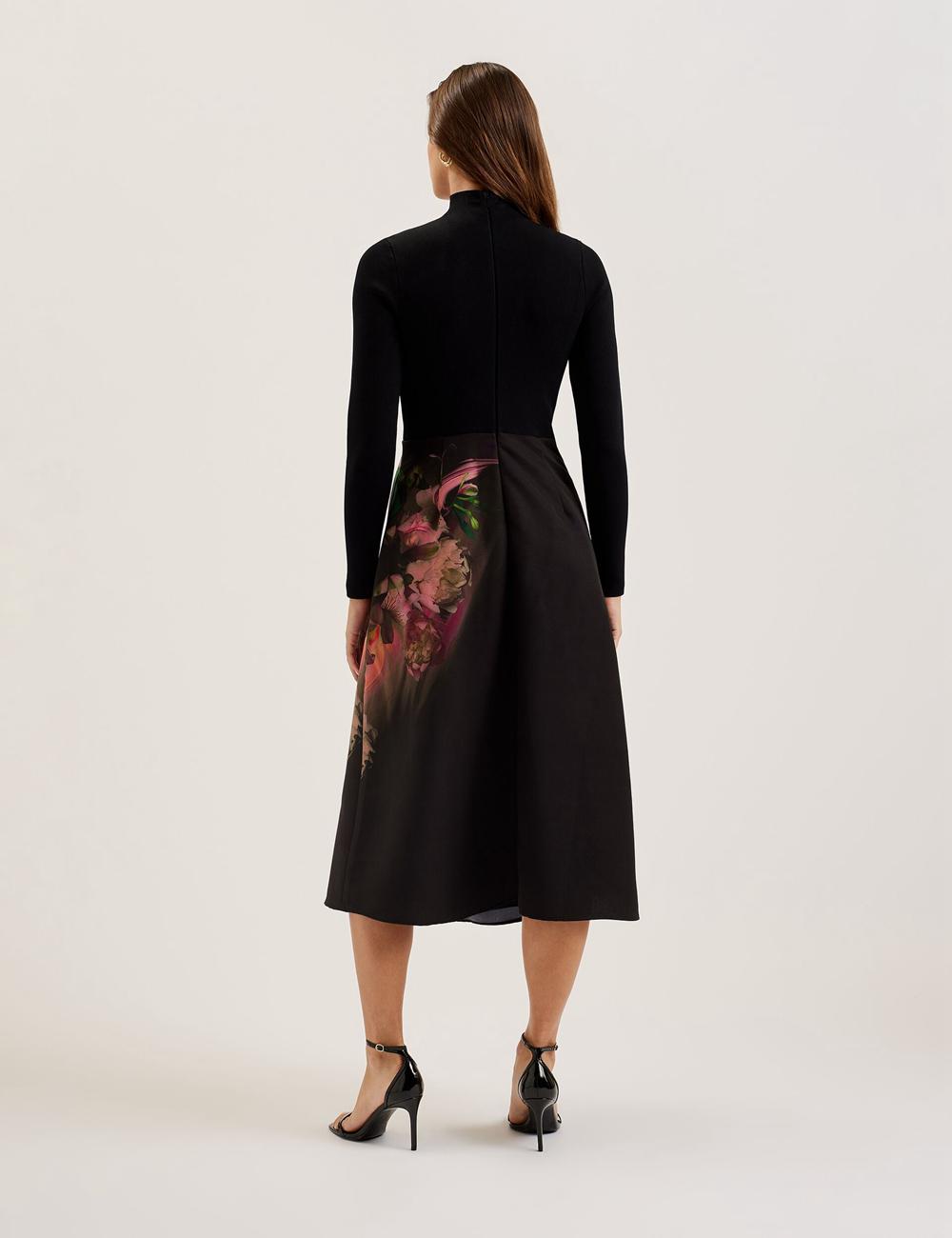 Robe Mi-longue Ted Baker ASNES - Knit Bodice With Printed Skirt Femme Noir | Paris  81592-JBVN
