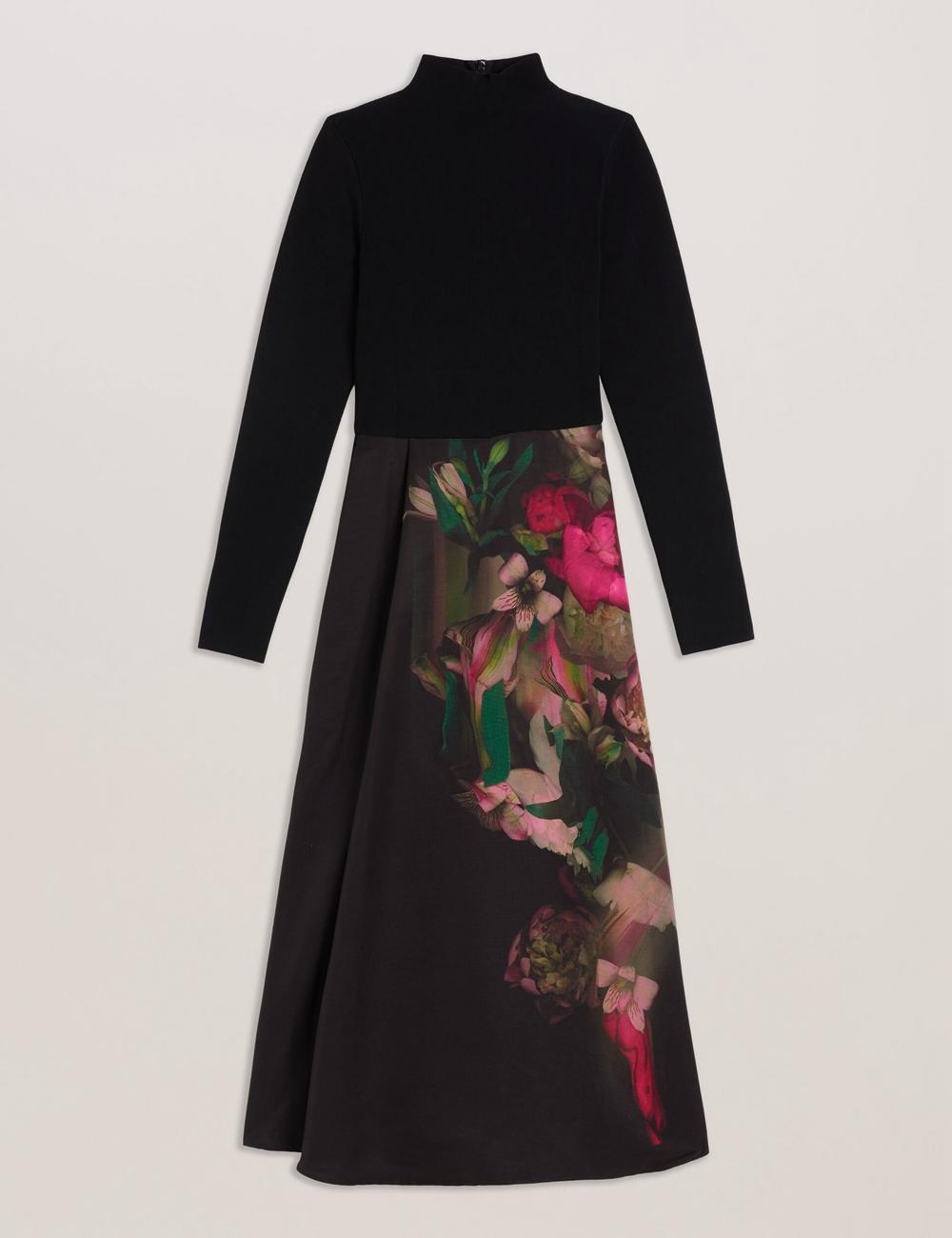 Robe Mi-longue Ted Baker ASNES - Knit Bodice With Printed Skirt Femme Noir | Paris  81592-JBVN