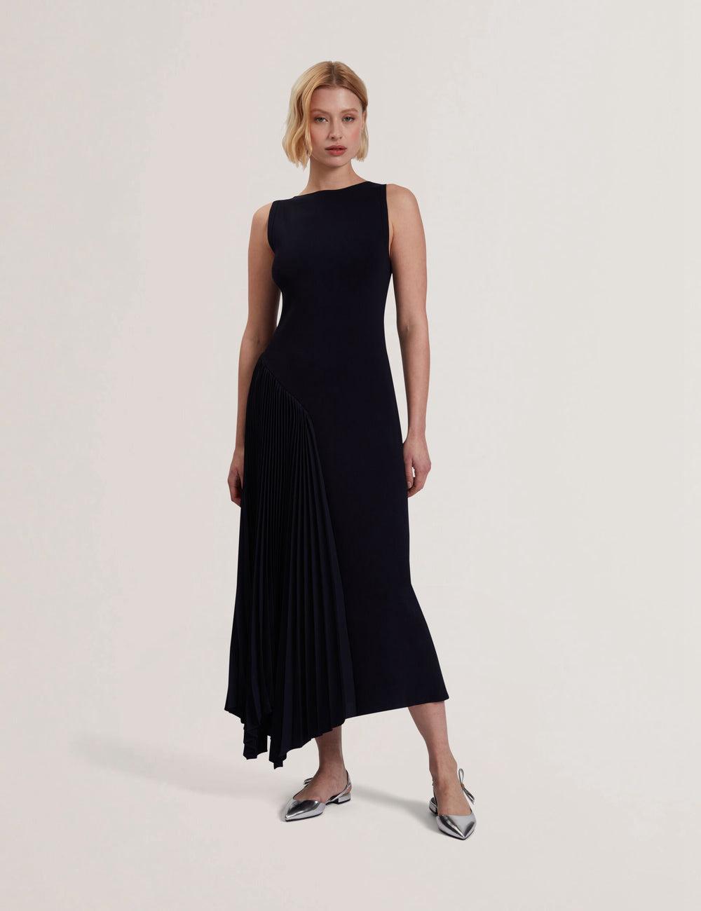 Robe Mi-longue Ted Baker AZZINA - Pleated Panel Sleeveless Knitted Femme Bleu Marine | Paris  23891-WNGY