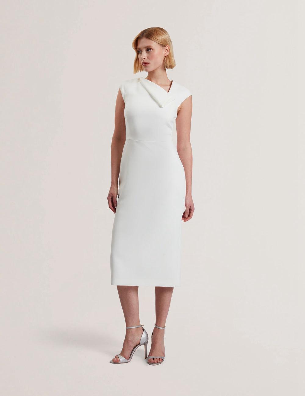 Robe Mi-longue Ted Baker BAYREE - Folded Neckline Pencil Femme Blanche | Paris  91578-TQBC