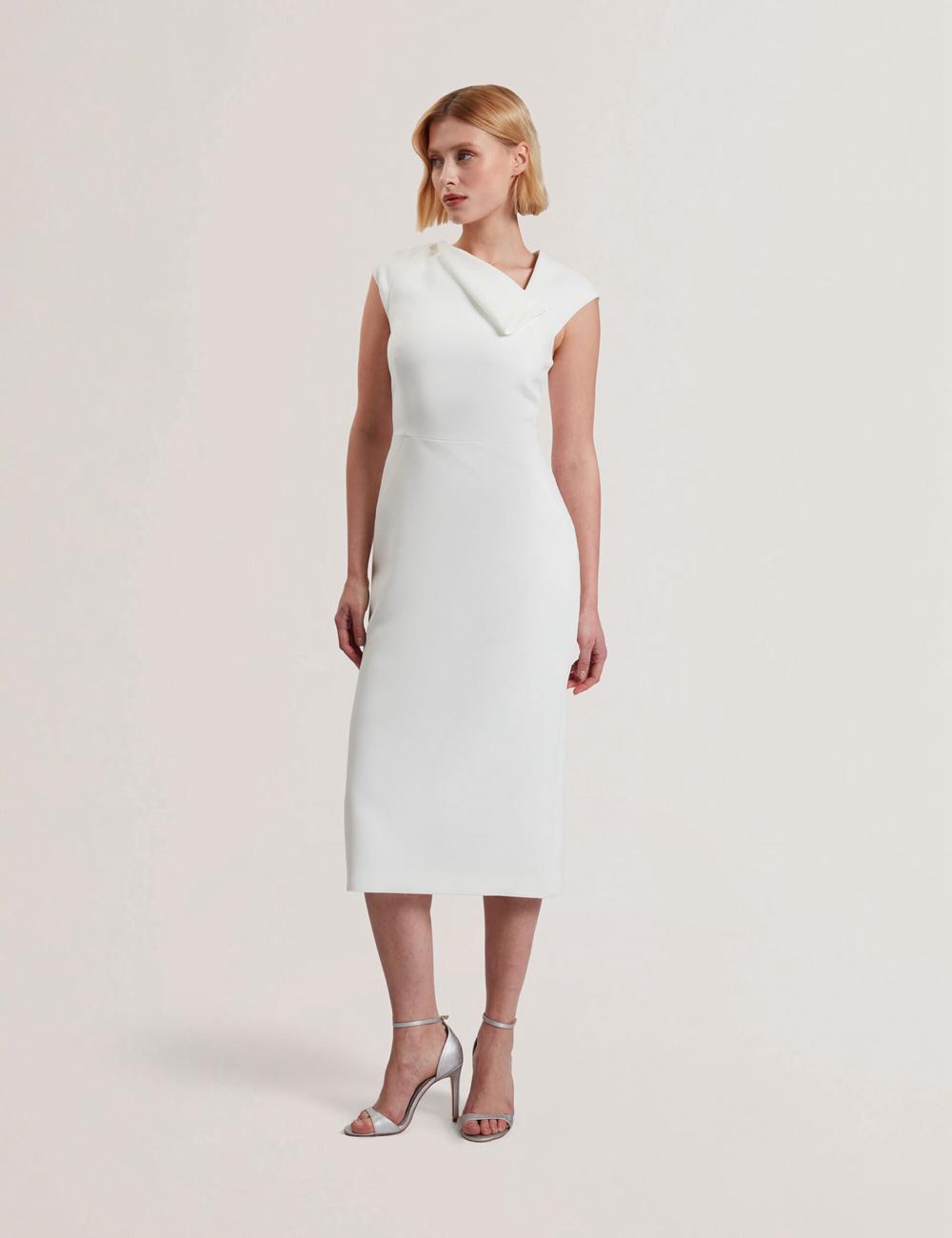 Robe Mi-longue Ted Baker BAYREE - Folded Neckline Pencil Femme Blanche | Paris  91578-TQBC