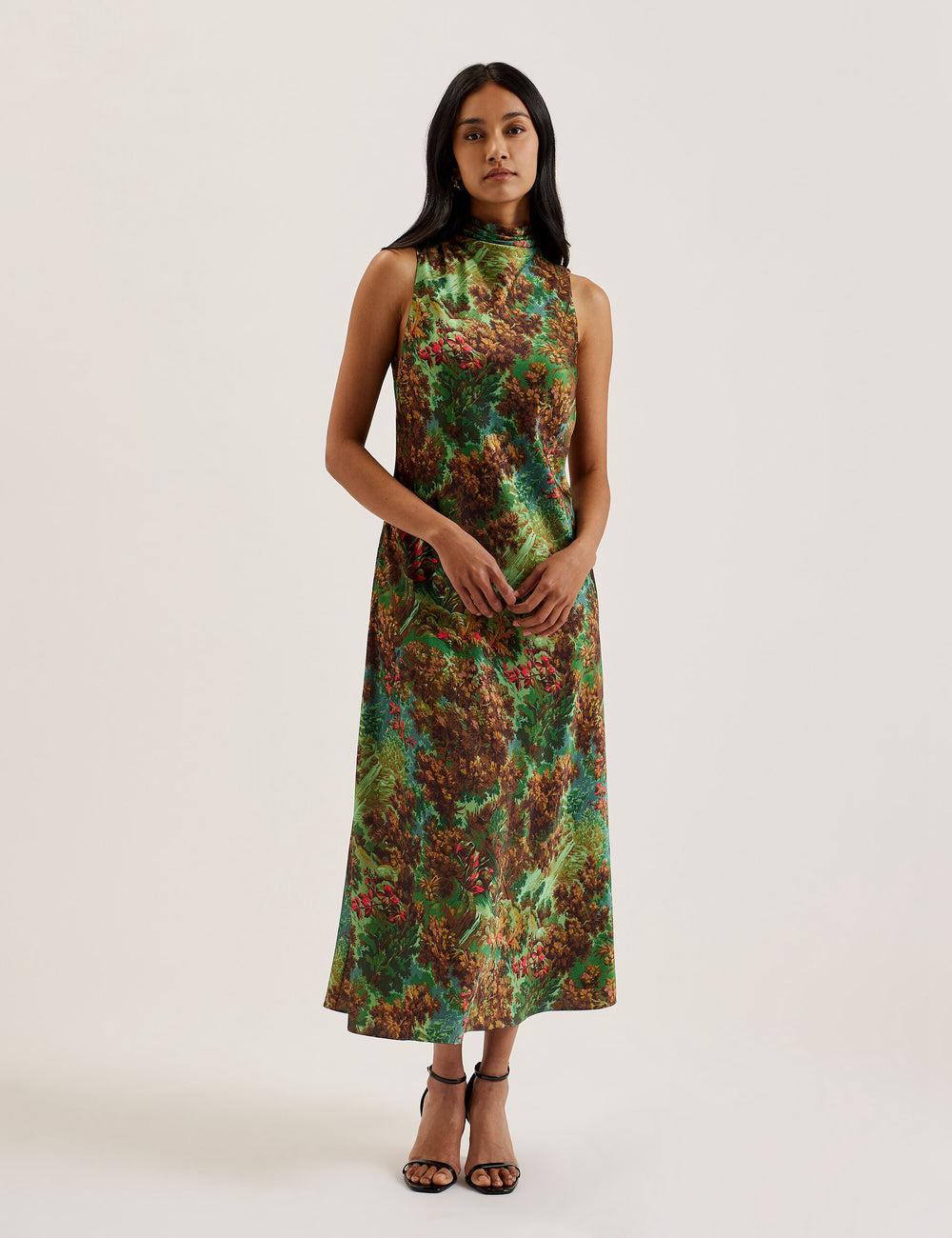Robe Mi-longue Ted Baker EYVA - Satin Printed High Neck Midi Slip Femme Vert | Paris  63594-GMWD