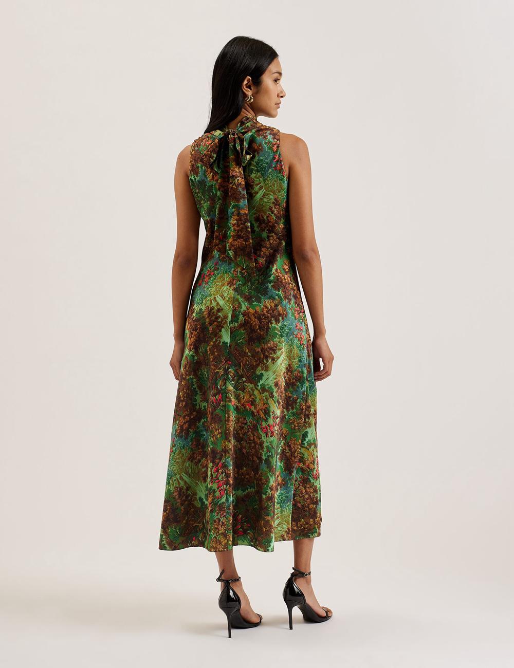 Robe Mi-longue Ted Baker EYVA - Satin Printed High Neck Midi Slip Femme Vert | Paris  63594-GMWD