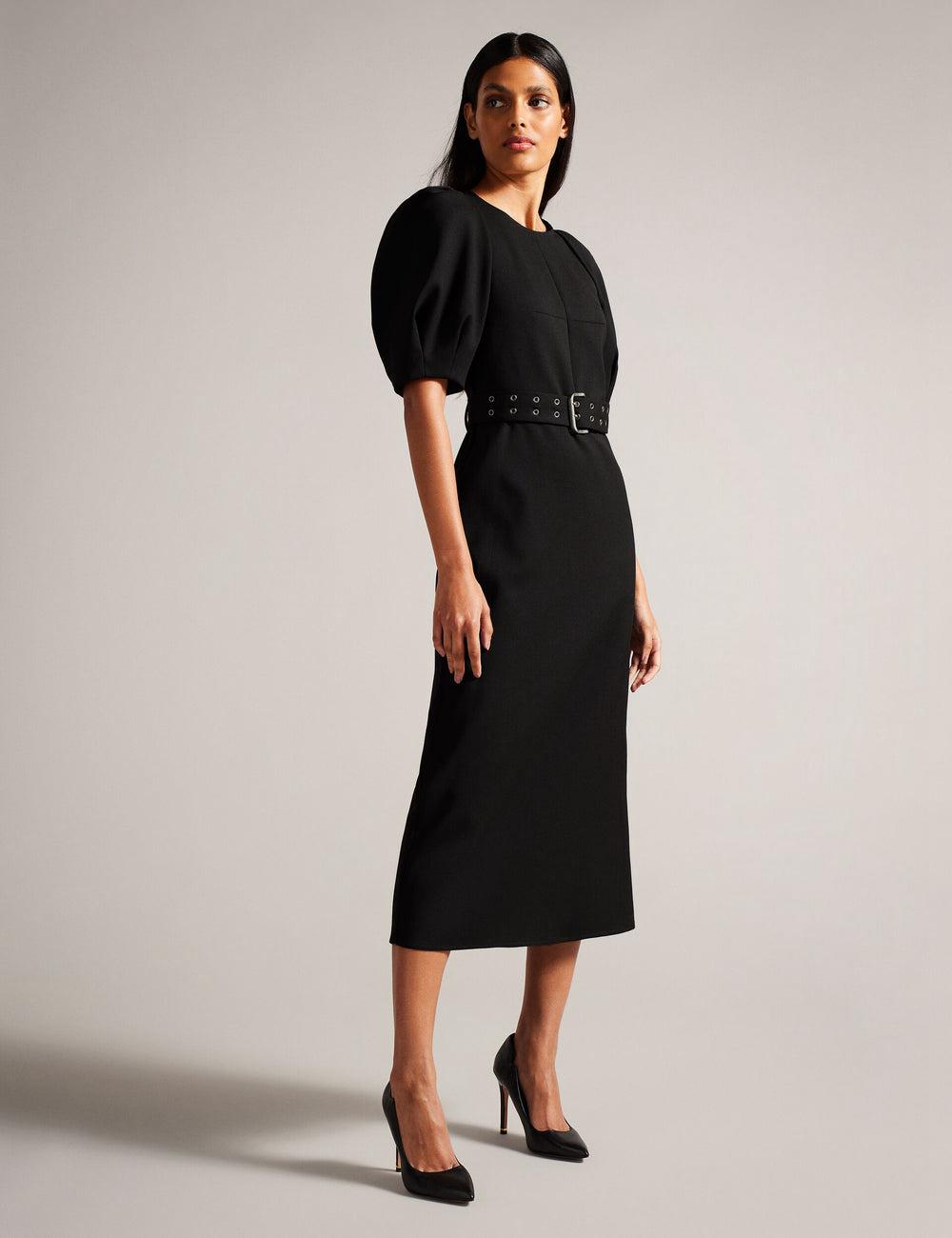 Robe Mi-longue Ted Baker GABYELA - Structured Puff Sleeve With Belt Femme Noir | Paris  25790-VXPB