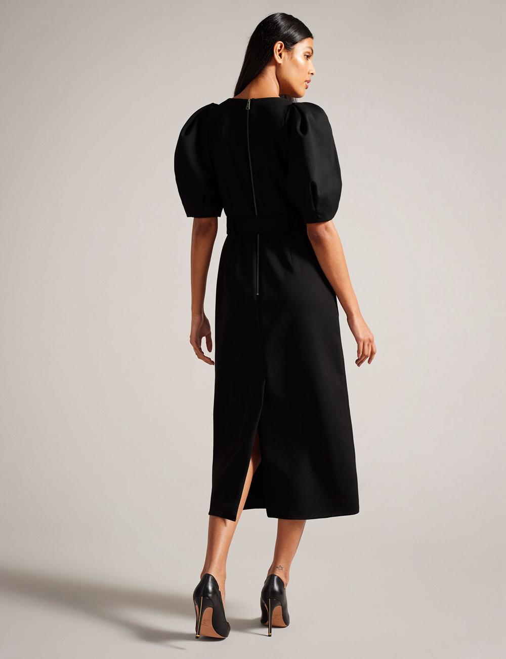 Robe Mi-longue Ted Baker GABYELA - Structured Puff Sleeve With Belt Femme Noir | Paris  25790-VXPB
