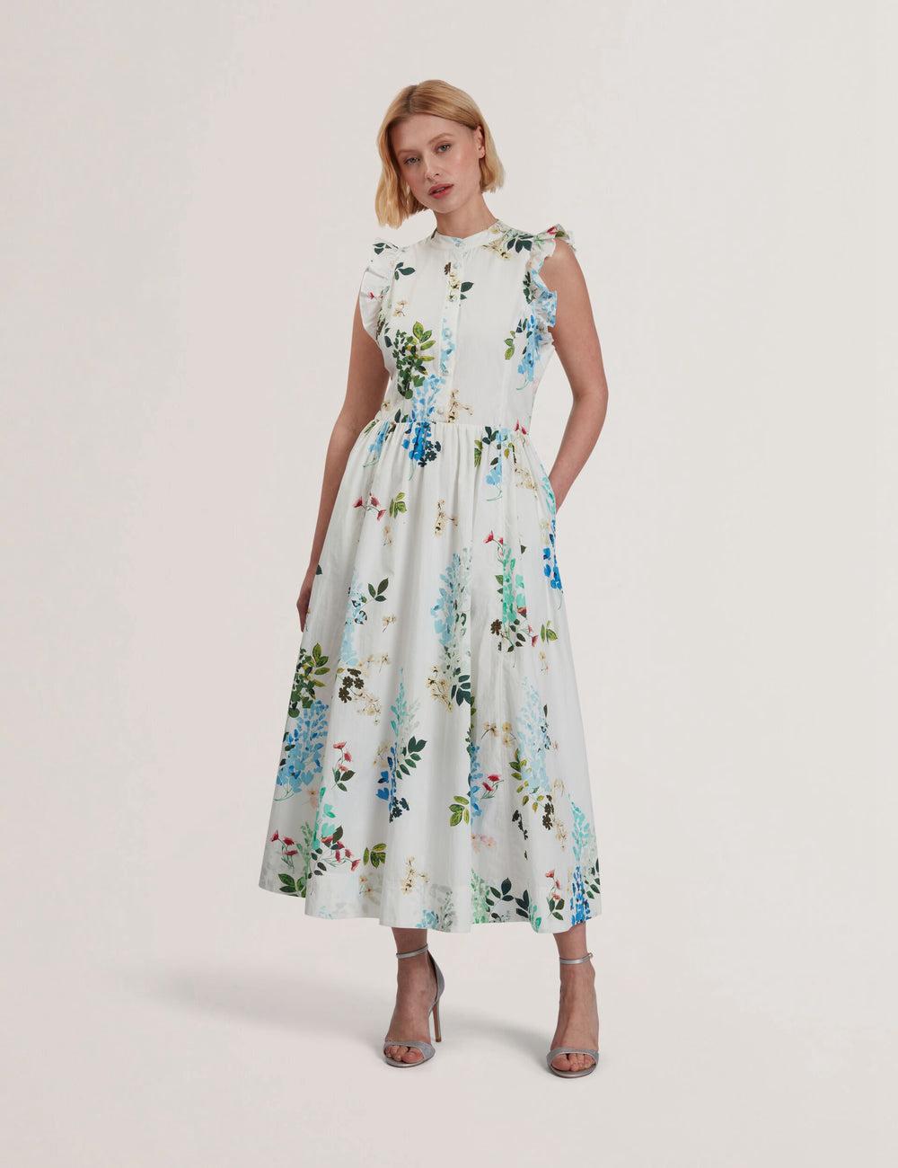 Robe Mi-longue Ted Baker GIOLIA - Sleeveless Floral Cotton A-Line Femme Blanche | Paris  61257-WUFL