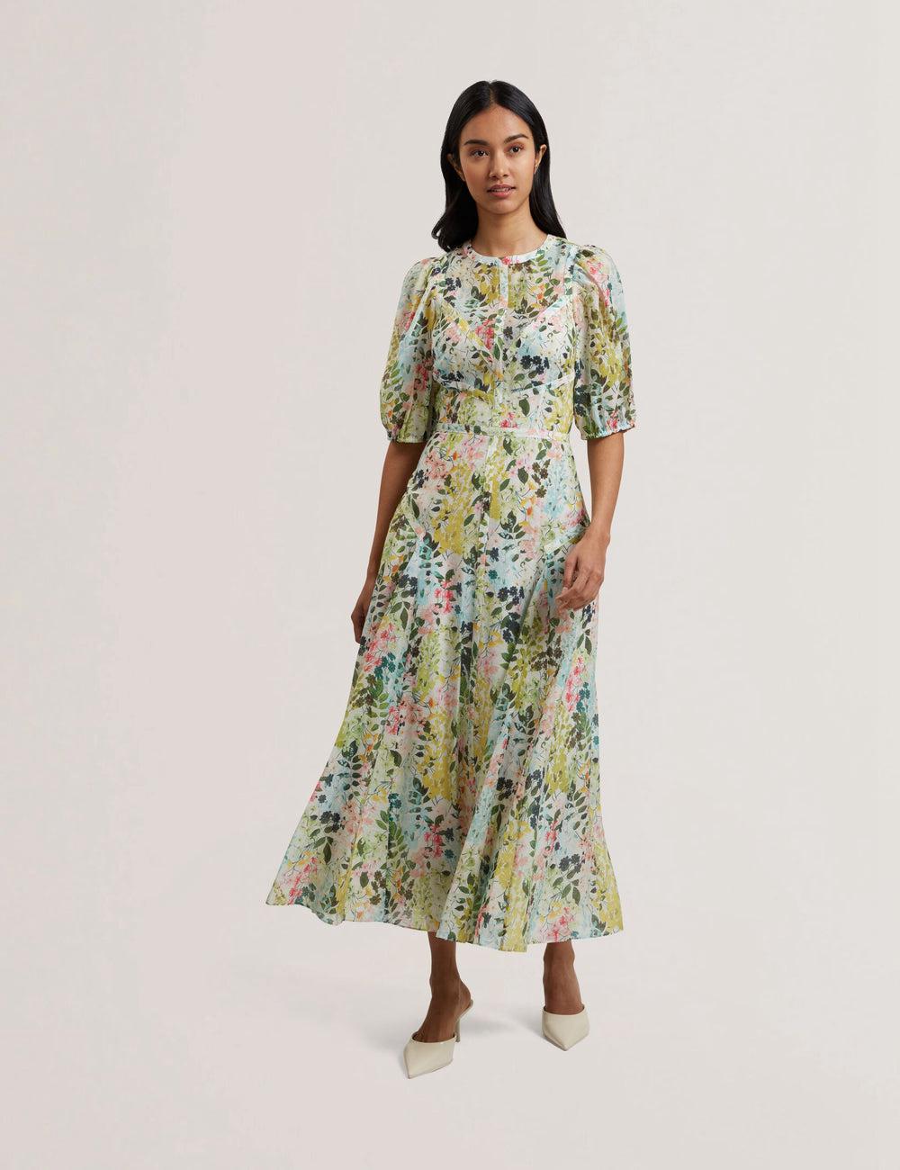 Robe Mi-longue Ted Baker KANDEA - Floral Puff Sleeve A-Line Femme Ivory | Paris  98731-DFNC