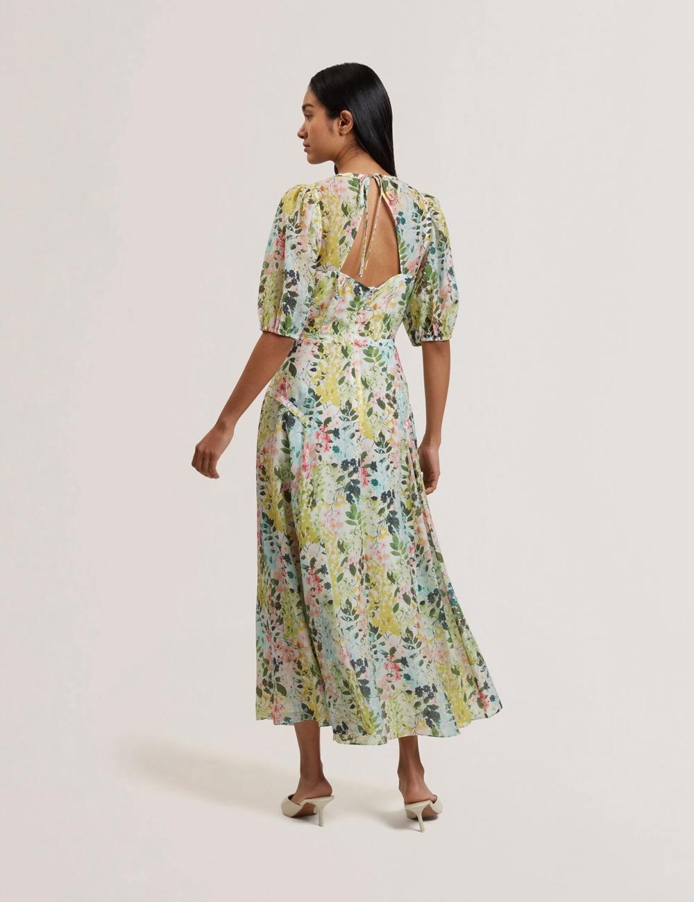 Robe Mi-longue Ted Baker KANDEA - Floral Puff Sleeve A-Line Femme Ivory | Paris  98731-DFNC