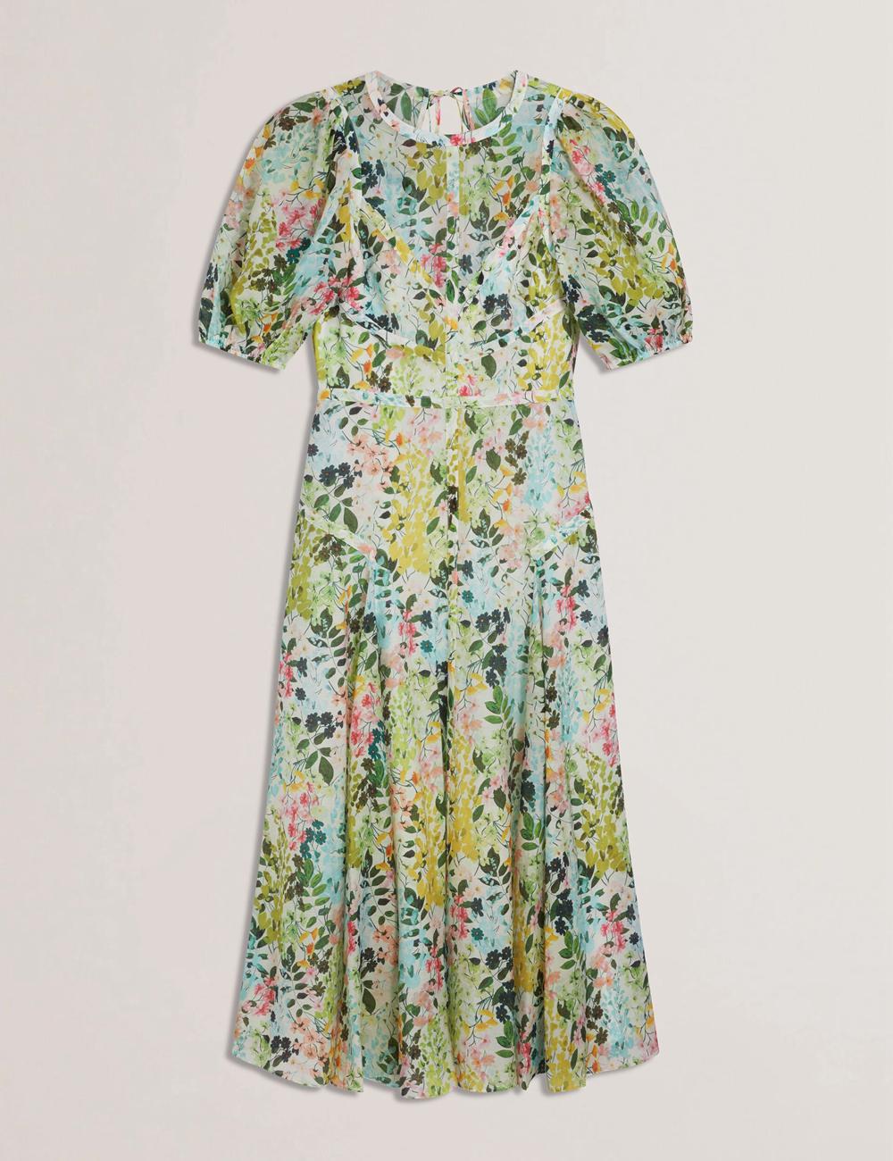 Robe Mi-longue Ted Baker KANDEA - Floral Puff Sleeve A-Line Femme Ivory | Paris  98731-DFNC