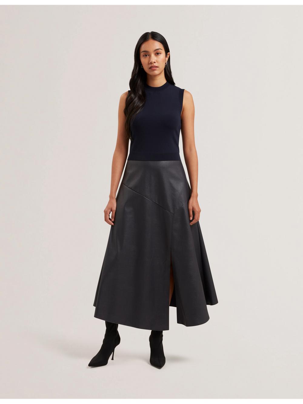 Robe Mi-longue Ted Baker LABASA - Sleeveless Knit Faux Leather Femme Bleu Marine | Paris  71052-NDFT