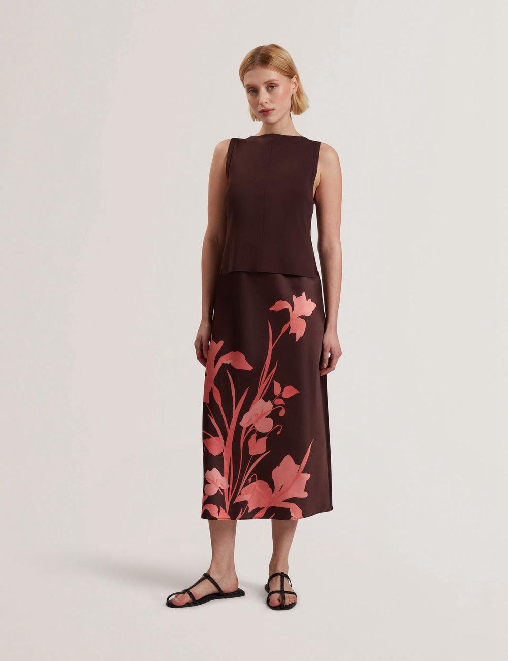 Robe Mi-longue Ted Baker LATTENA - Printed Satin With Removable Tank Femme Marron | Paris  38501-PGWX