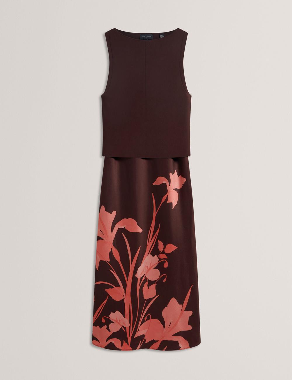 Robe Mi-longue Ted Baker LATTENA - Printed Satin With Removable Tank Femme Marron | Paris  38501-PGWX