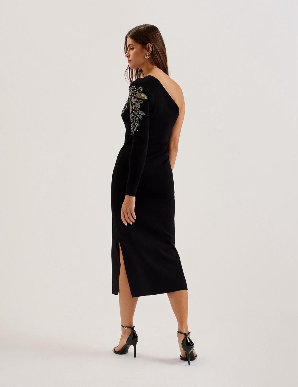 Robe Mi-longue Ted Baker LIZYYY - One Shoulder Embellished Knit Femme Noir | Paris  24789-TUKH