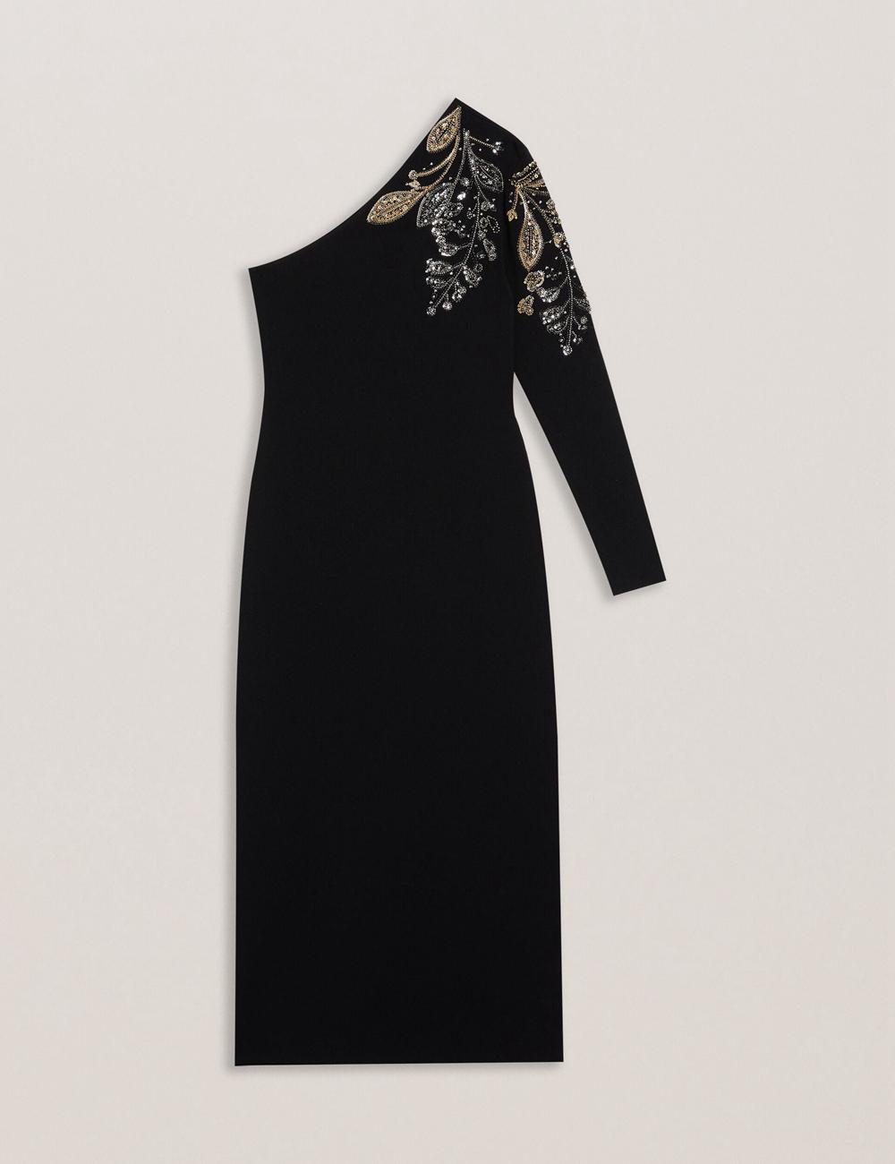 Robe Mi-longue Ted Baker LIZYYY - One Shoulder Embellished Knit Femme Noir | Paris  24789-TUKH