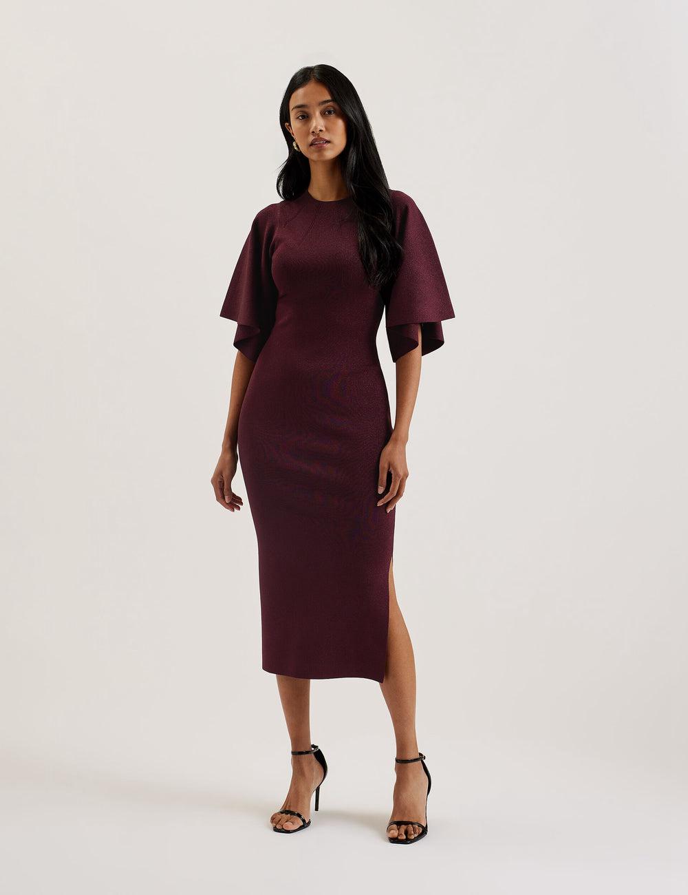 Robe Mi-longue Ted Baker LOUANAA - Metallic Knit Fluted Sleeve Femme Rouge | Paris  59204-TAHG