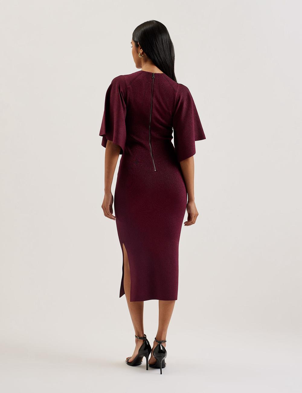 Robe Mi-longue Ted Baker LOUANAA - Metallic Knit Fluted Sleeve Femme Rouge | Paris  59204-TAHG