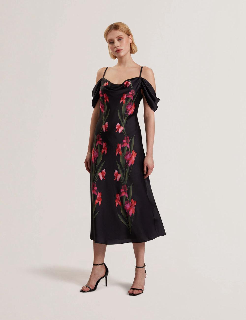 Robe Mi-longue Ted Baker LUCERN - Floral Satin Off Shoulder Bias Femme Noir | Paris  40837-ZYLQ