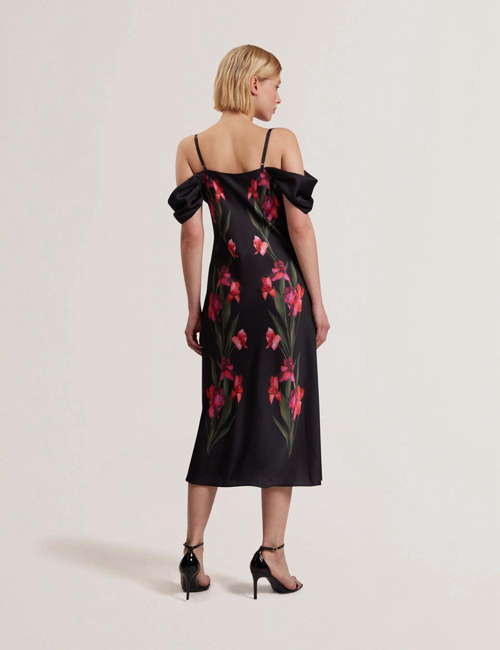 Robe Mi-longue Ted Baker LUCERN - Floral Satin Off Shoulder Bias Femme Noir | Paris  40837-ZYLQ
