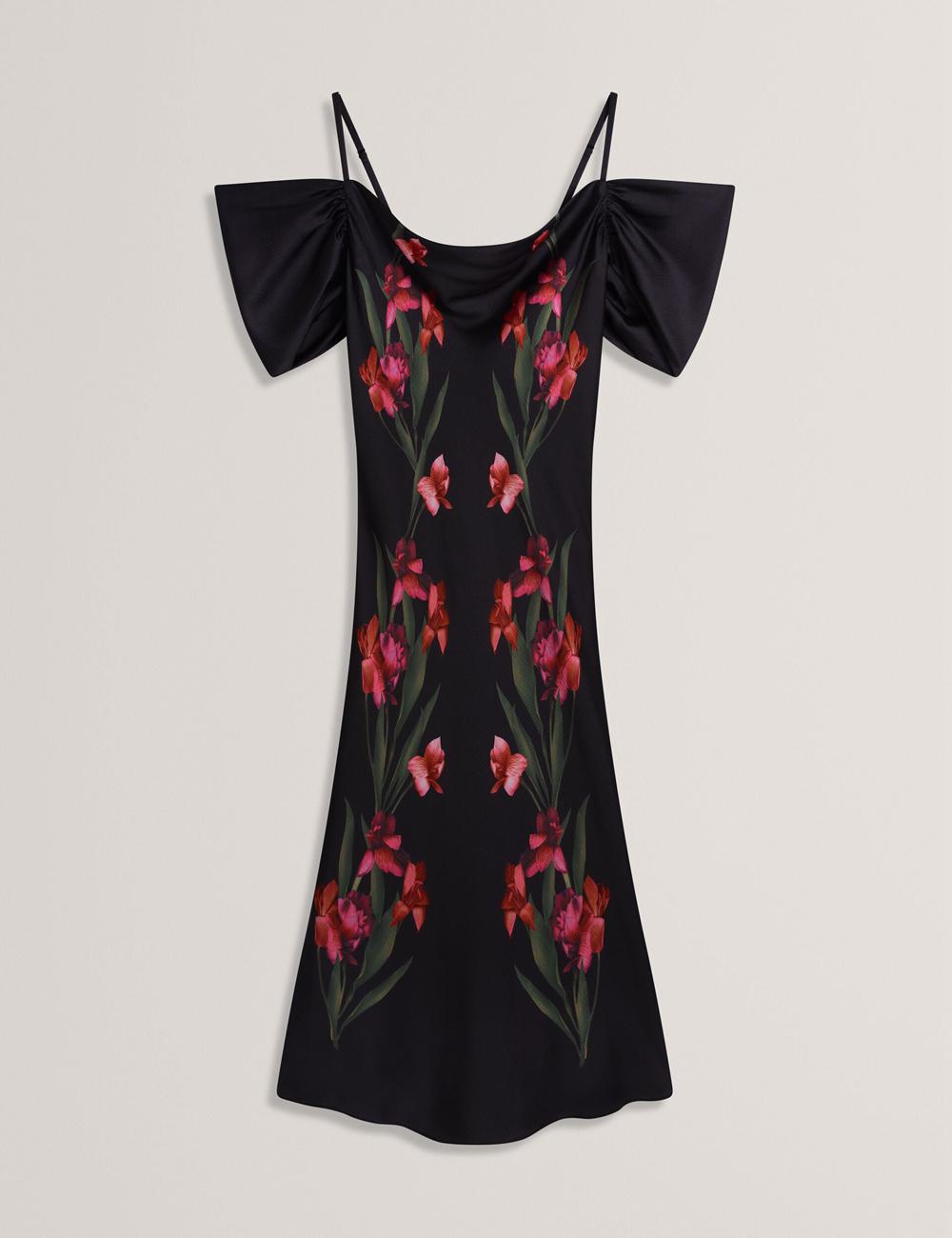 Robe Mi-longue Ted Baker LUCERN - Floral Satin Off Shoulder Bias Femme Noir | Paris  40837-ZYLQ