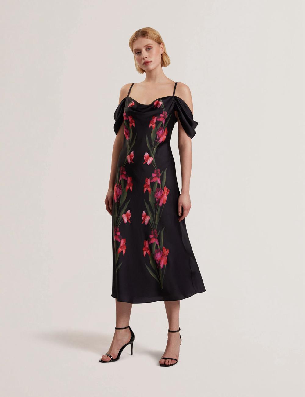Robe Mi-longue Ted Baker LUCERN - Floral Satin Off Shoulder Bias Femme Noir | Paris  40837-ZYLQ