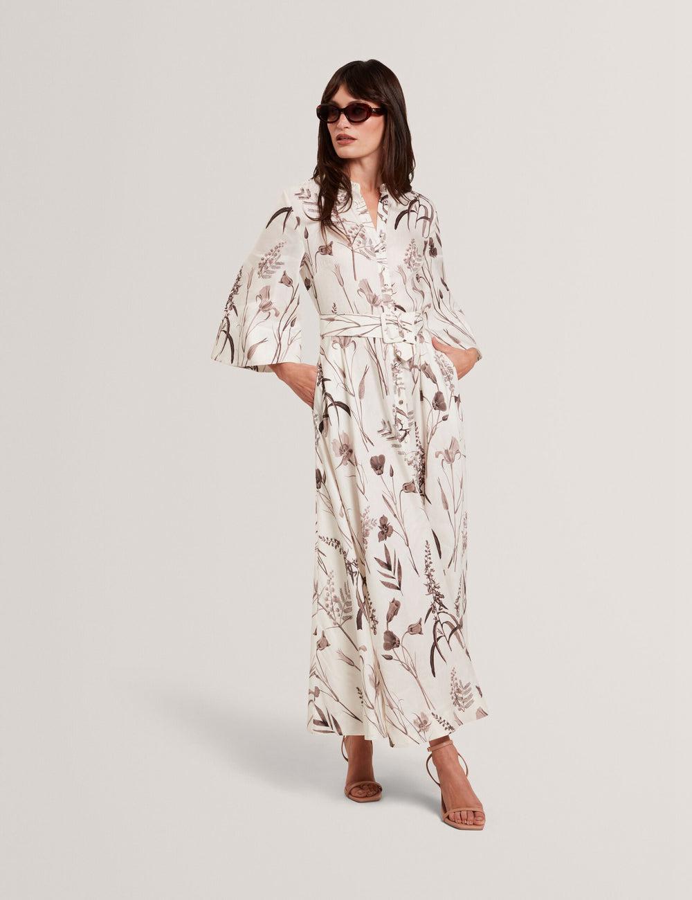 Robe Mi-longue Ted Baker LUWISA - Floral Linen Silk Belted Midi Shirt Femme Ivory | Paris  27951-TXQI
