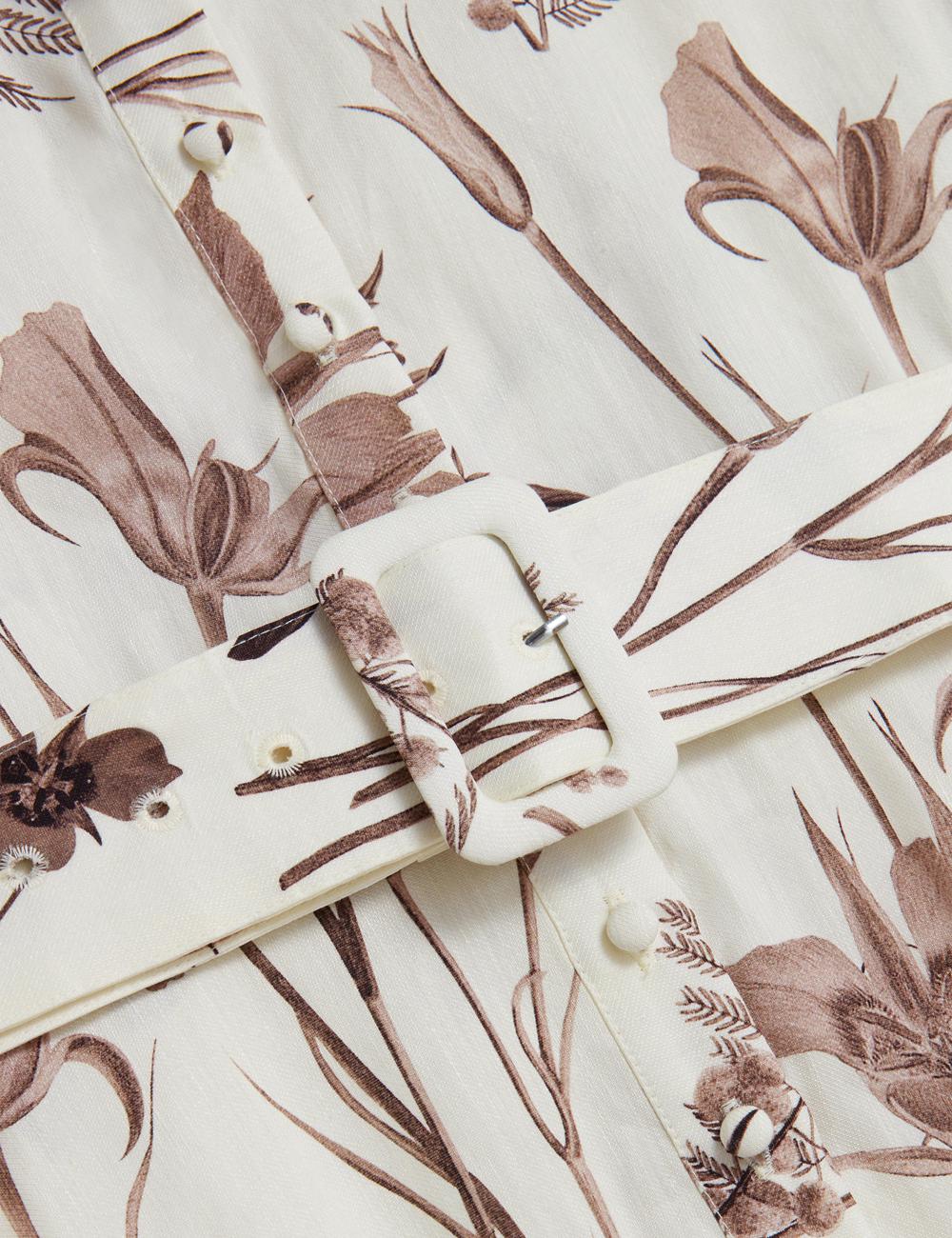 Robe Mi-longue Ted Baker LUWISA - Floral Linen Silk Belted Midi Shirt Femme Ivory | Paris  27951-TXQI