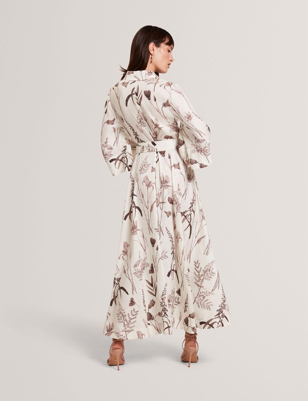 Robe Mi-longue Ted Baker LUWISA - Floral Linen Silk Belted Midi Shirt Femme Ivory | Paris  27951-TXQI