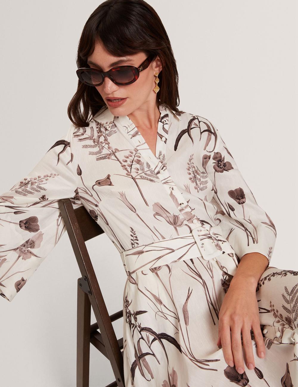 Robe Mi-longue Ted Baker LUWISA - Floral Linen Silk Belted Midi Shirt Femme Ivory | Paris  27951-TXQI