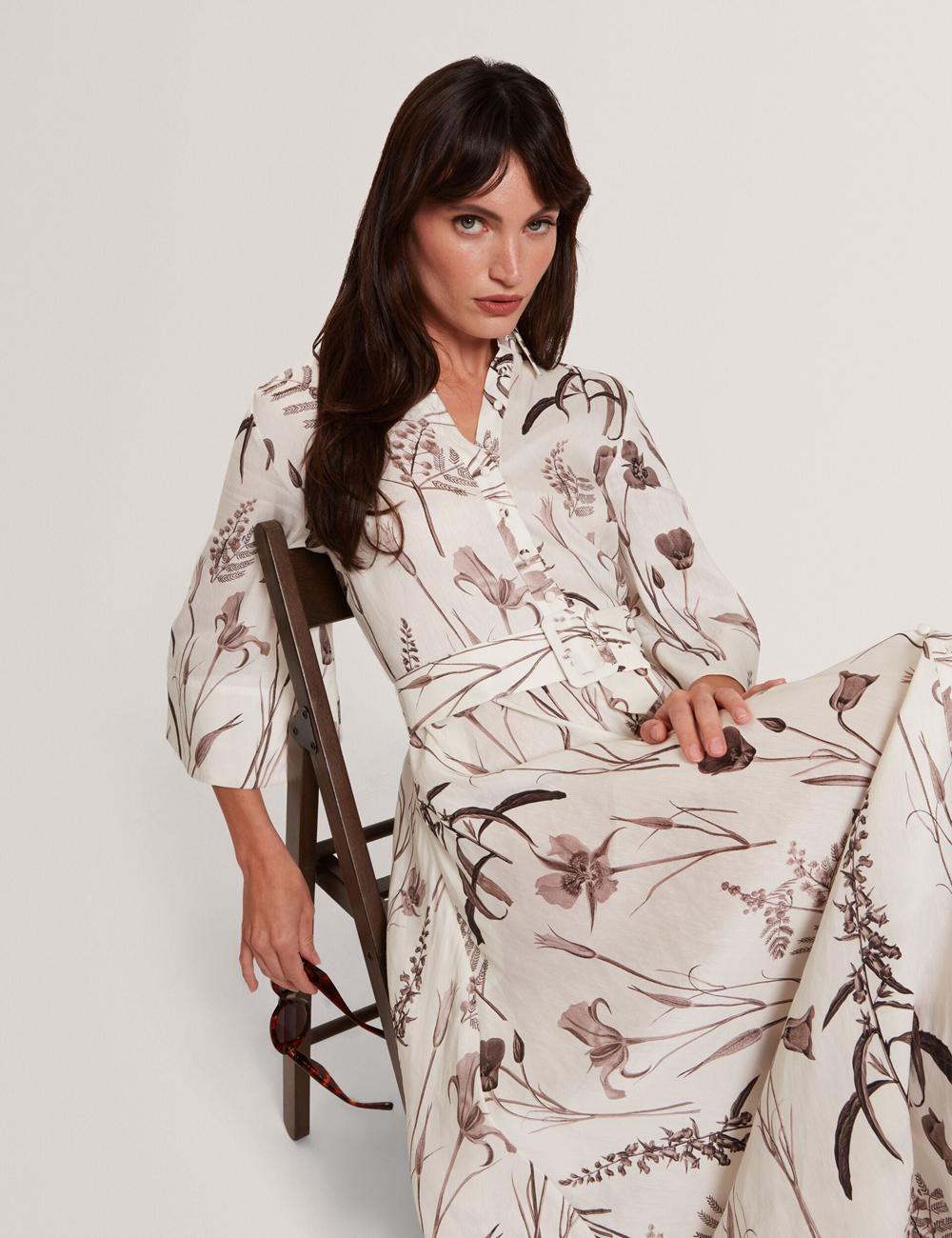 Robe Mi-longue Ted Baker LUWISA - Floral Linen Silk Belted Midi Shirt Femme Ivory | Paris  27951-TXQI