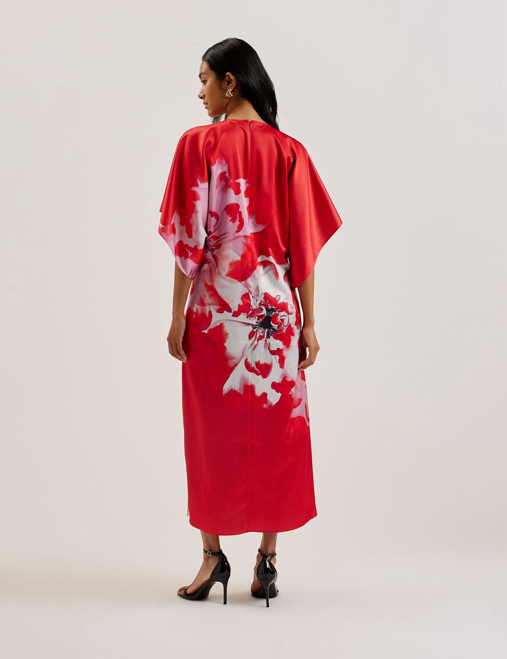 Robe Mi-longue Ted Baker NASINU - Printed Satin Batwing Sleeve Femme Rouge | Paris  08671-NWJF