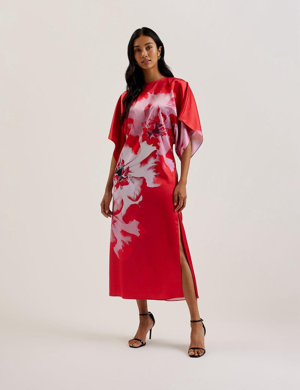 Robe Mi-longue Ted Baker NASINU - Printed Satin Batwing Sleeve Femme Rouge | Paris  08671-NWJF