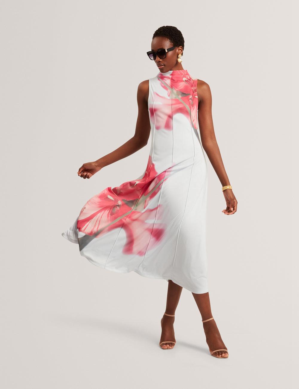 Robe Mi-longue Ted Baker REBEHKA - High Neck Printed Jersey Femme Bleu | Paris  58014-CAUQ