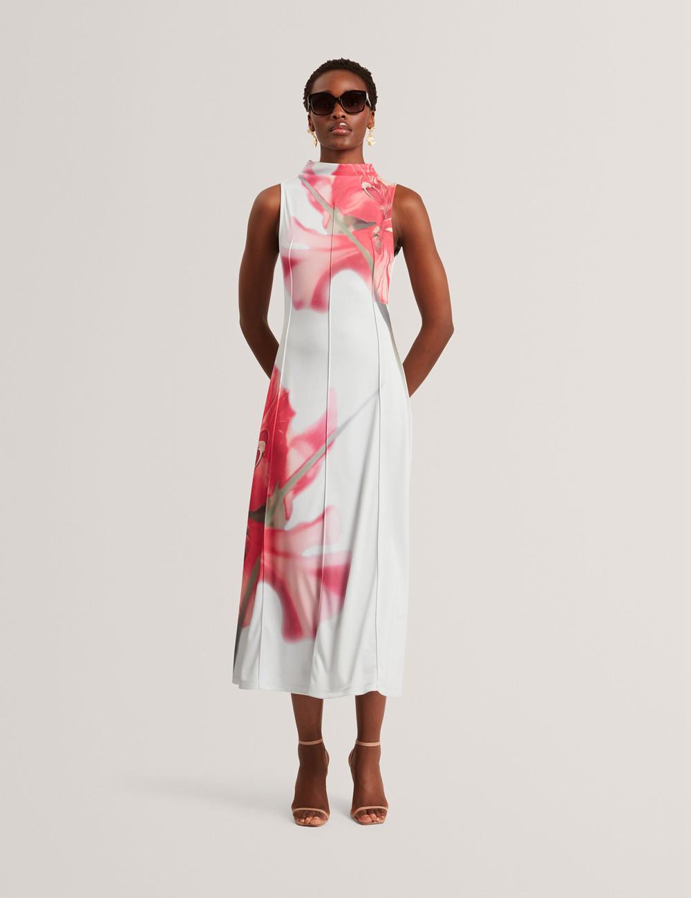 Robe Mi-longue Ted Baker REBEHKA - High Neck Printed Jersey Femme Bleu | Paris  58014-CAUQ